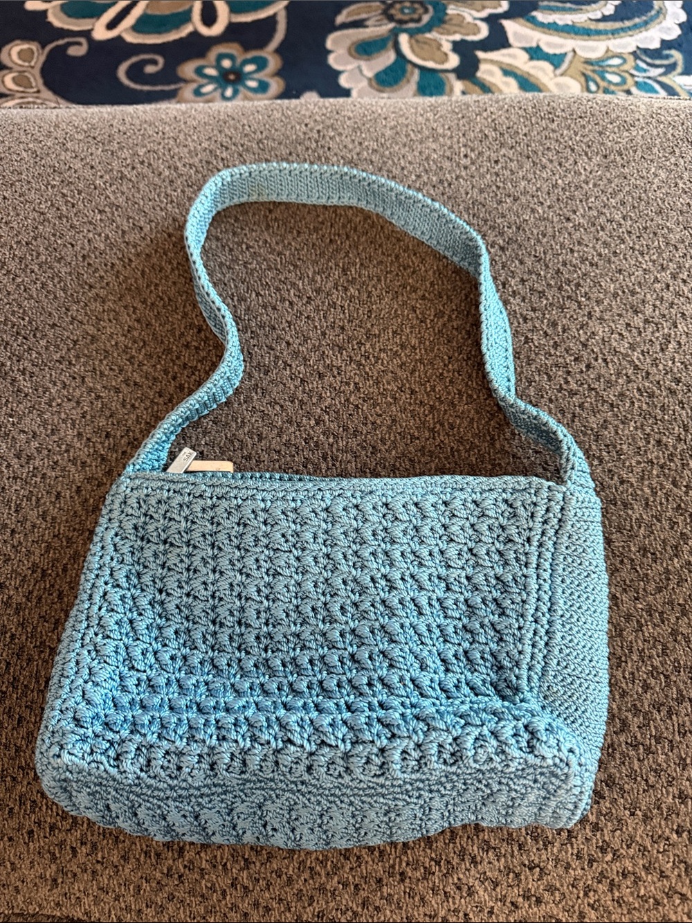 The Sak Crochet Shoulder Bag in Teal Blue